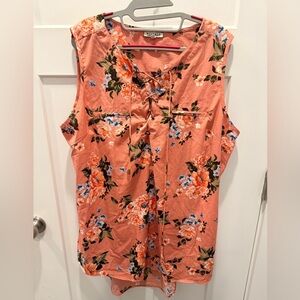 Mileage  Coral Floral Lace-Up Sleeveless Top 3X Boho Style